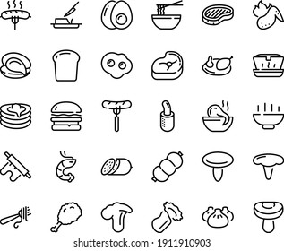 Food line icon set - Hot Bowl, burger, sausage on fork, fried chiken leg, lunch box, dim sum, octopus soup, funchose, oyster, shrimp, with pasta, salami, steak, french dog, pancakes, butter knife