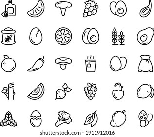Food line icon set - hot tea, lemoncello, egg, broaken, eggs yolk, chick, flour bag, wheat, beet, broccoli, pepper, citrus, lemon, raspberry, melon, orange, grape, mango, slice of tangerine, avocado