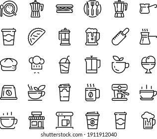Food line icon set - hot cup, coffee to go, beer, cafe, green tea, sandwich, french dog, chef hat, calsone, pot, bread, ice cream, cocktail, press, coffe maker, top view, turkish, machine, capsule