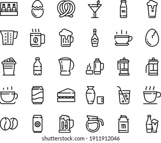 Food line icon set - hot cup, milk bottle, rice vodka, coffee, pretzel, tank, champagne, french press, beans, pot, beaker, broaken egg, thermo flask, cocktail, soda, beer mug, glass, ice bucket