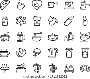 Food line icon set - hot cup, tea, coffee to go, french dog, funchose, ceremony, green, calsone, pasta in pan, pot, dish dome, turkish, capsule, sausage on fork, roasted sausages, chicken wing