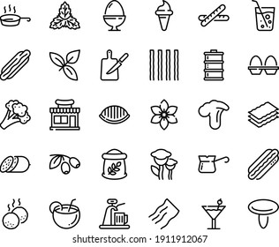 Food line icon set - hot dog, cafe shop, ice cream horn, basil, olives, salami, turkish coffee, meatballs, pan, knife board, egg stand, cocktail, coconut, soda glass, baguette, flour bag, beer keg
