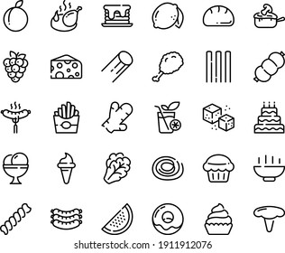 Food line icon set - Hot Bowl, french fries, fried chiken leg, ice cream horn, cheese, sausages, sausage on fork, chicken, donut, cupcake, julienne, refined sugar, smoothies, bread, big cake, muffin