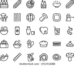 Food line icon set - Hot Bowl, salad, dog, sandwich, pepper, octopus soup, shrimp, rice vodka, gunkan, pizza, bread, ketchup, charlotte cake, coffee top view, love, fork spoon knife plate, turkish