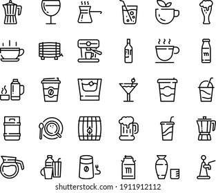 Food line icon set - hot cup, coffee to go, green tea, drink, rice vodka, pot, beer mug, milk tank, glass, wine, cocktail, mill, top view, machine, drinks, turkish, thermo flask, bottle, soda, keg