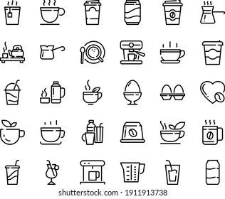 Food line icon set - hot cup, coffee to go, green tea, drink, ceremony, cocktail, coffe maker, top view, turkish, irish, love, machine, capsule, beaker, egg stand, drinks, thermo flask, soda, paper svg