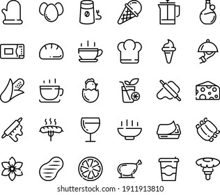 Food line icon set - Hot Bowl, cup, coffee to go, chief hat, ice cream horn, dough and rolling pin, cheese, olive oil, pate can, wine glass, dish dome, french press, mill, ribs, sausage on fork