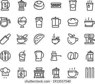 Food line icon set - hot cup, beer, green tea, sandwich, cafe shop, french dog, chef hat, calsone, coffee, bread, ice cream, cocktail, press, pot, to go, machine, beans, fork spoon knife plate