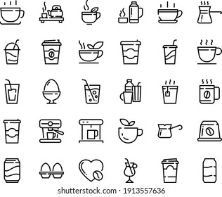 Food line icon set - hot cup, coffee to go, green tea, drink, ceremony, cocktail, coffe maker, turkish, irish, love, machine, capsule, egg stand, drinks, thermo flask, soda, glass, paper