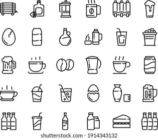 Food line icon set - hot cup, drink, to go, rice vodka, lemoncello, olive oil, coffee, beer mug, cocktail, french press, beans, milk bootle and pack, pot, ribs, broaken egg, thermo flask, soda