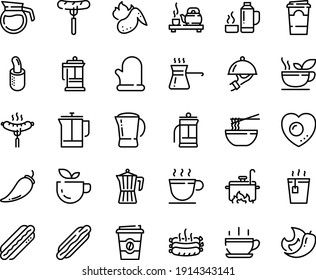 Food Line Icon Set - Hot Cup, Green Tea, Dog, Sausage On Fork, Coffee To Go, Funchose, Ceremony, Dish Dome, French, Press, Pot, Roasted Sausages, Chicken Wing, Cooking Glove, Love Egg, Turkish