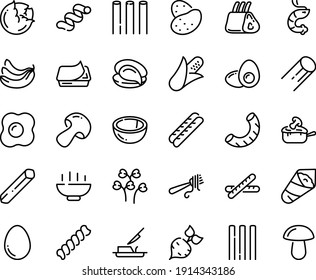 Food line icon set - Hot Bowl, oyster, shrimp, temaki, fork with pasta, pate can, baguette, julienne, butter knife, ribs, egg, omelette, yolk, potato, beet, corn, cabbage, mushroom, banana, coconut