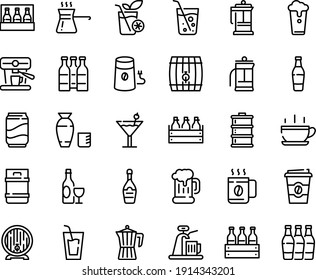 Food line icon set - hot cup, drink, coffee to go, rice vodka, wine, beer mug, box, barrel, champagne, french press, mill, pot, machine, turkish, cocktail, soda, glass, smoothies, bottle, pack, keg