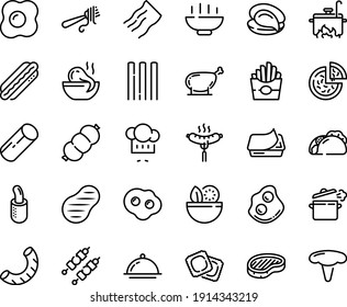 Food line icon set - Hot Bowl, salad, french fries, pizza, tacos, octopus soup, oyster, chef hat, fork with pasta, ravioli, sausage on, dog, steak, omelette, pate can, kebab, chicken leg, dish dome
