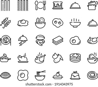 Food line icon set - Hot Bowl, plate spoon fork, dish dome, salad, octopus soup, funchose, clam, chinese chicken, kebab, panna cotta, fried, charlotte cake, cheese, julienne, pancakes, wing, pancake