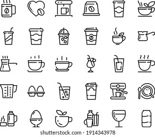 Food line icon set - hot cup, coffee to go, green tea, drink, wine glass, coffe maker, iced, top view, turkish, irish, love, machine, capsule, beaker, egg stand, drinks, thermo flask, soda, paper svg