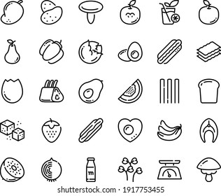 Food line icon set - hot dog, refined sugar, fish steak, ribs, kitchen scales, broaken egg, love, yolk, milk bottle, smoothies, bread piece, potato, cabbage, bell pepper, banana, strawberry, pear