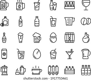 Food line icon set - hot cup, milk bottle, drink, to go, lemoncello, olive oil, beer box, champagne, wine glass, cocktail, french press, coffee beans, pot, ribs, beaker, broaken egg, thermo flask