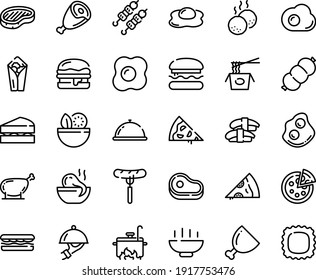 Juego de iconos de la línea de comida - Tazón caliente, porción de pizza, cúpula de plato, hamburguesa, ensalada, carne, sándwich, burito, salchicha en el tenedor, sopa de pulpo, pasta china, sashimi, kebab, filete, jamón, tortilla, pierna de pollo, cocina