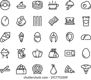 Food line icon set - hot cup, pizza piece, donut, ice cream, temaki, gunkan, pretzel, omelette, sausage, dish dome, charlotte cake, pancakes, coffee to go, fish steak, ribs, sowbelly, bbq, egg, pear