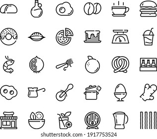 Food line icon set - hot cup, salad, burger, cafe shop, pizza, donut, shrimp, fork with pasta, roll knife, olive oil, pretzel, beer barrel, cocktail, turkish coffee, beans, pot, cooking pan, pancake