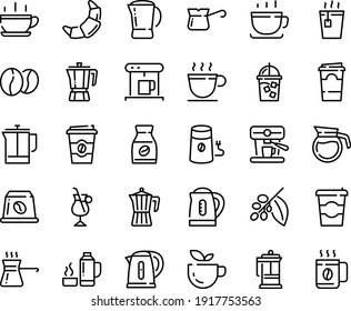 Food line icon set - hot cup, coffee to go, green tea, pot, croissant, french press, coffe maker, iced, mill, turkish, tree, instant, irish, machine, beans, capsule, kettle, thermo flask, paper