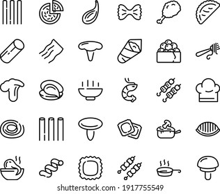 Food line icon set - Hot Bowl, pizza, fried chiken leg, octopus soup, oyster, shrimp, kebab, temaki, gunkan, calsone, fork with pasta, ravioli, julienne, chef hat, pan, cardamon, orecchiette
