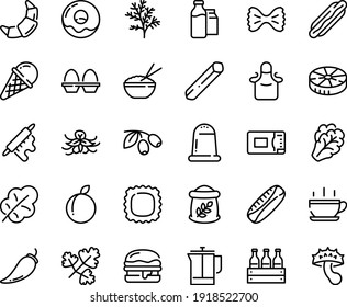 Food line icon set - hot cup, dog, rice bowl, olives, ice cream, burger, donut, croissant, french press, milk bootle and pack, rolling pin, apron, microwave oven, egg stand, flour bag, beer box
