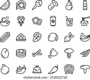 Food line icon set - hot pepper, octopus soup, chinese pasta, lobster, panna cotta, olive oil, ravioli, dog, pretzel, pancakes, coffee top view, ham, broaken egg, pack, milk bottle, soda glass, beet
