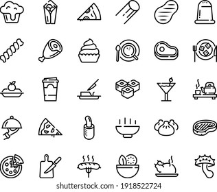 Food line icon set - Hot Bowl, pizza piece, salad, meat, burito, dim sum, tea ceremony, sushi roll, chinese chicken, steak, ham, dish dome, charlotte cake, cheese plate, french dog, cupcake, board