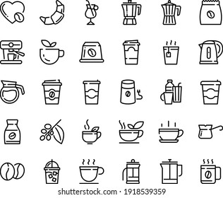 Food line icon set - hot cup, coffee to go, green tea, pot, croissant, iced, french press, mill, turkish, tree, instant, irish, love, machine, pack, beans, capsule, kettle, drinks, paper