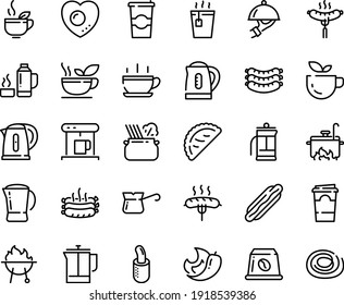 Food line icon set - hot cup, green tea, dog, calsone, pasta in pan, sausages, sausage on fork, dish dome, french, coffe maker, press, coffee to go, turkish, capsule, pot, roasted, bbq, kettle