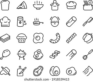 Food Line Icon Set - Hot Bowl, Pizza Piece, Fried Chiken Leg, Dough And Rolling Pin, Pasta In Pan, Bread, Omelette, Coffee Mill, Steak, Bbq, Chef Hat, Knife Board, Whisk, Apron, Eggs Yolk, Egg Timer