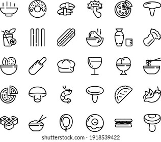 Food line icon set - Hot Bowl, salad, sandwich, pizza, pepper, donut, french dog, rice, octopus soup, funchose, sashimi, sushi roll, shrimp, vodka, calsone, bread, sausage, wine glass, ice cream