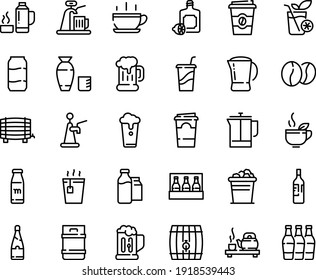 Food line icon set - hot cup, tea, coffee to go, drink, ceremony, green, rice vodka, lemoncello, beer mug, french press, beans, milk bootle and pack, pot, thermo flask, bottle, champagne, wine, keg