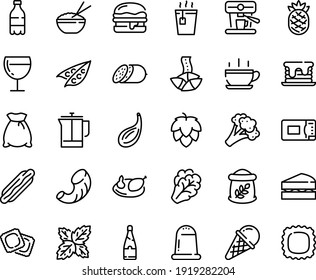 Food line icon set - hot cup, milk bottle, dog, tea, rice bowl, fortune cookie, ice cream, salami, ravioli, burger, wine glass, french press, coffee machine, chicken, microwave oven, champagne, hop