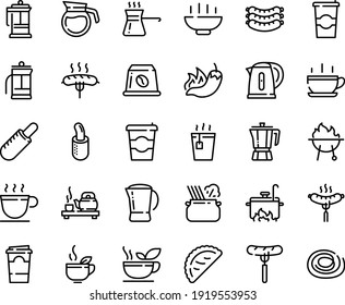 Food line icon set - Hot Bowl, cup, coffee to go, sausage on fork, pepper, tea, french dog, ceremony, green, calsone, pasta in pan, pot, sausages, press, capsule, bbq, kettle, cooking, turkish