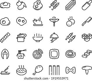 Food line icon set - Hot Bowl, pizza, fried chiken leg, french dog, chinese pasta, sushi roll, chicken, kebab, sausage on fork, omelette, dish dome, butter knife, fish steak, cutlet, meatballs, wing