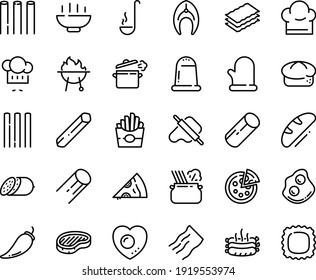 Food line icon set - Hot Bowl, french fries, pizza piece, chef hat, dough and rolling pin, pasta in pan, salami, bread, steak, omelette, roasted sausages, fish, bbq, cooking, glove, ladle, love egg