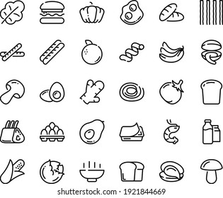 Food line icon set - Hot Bowl, burger, bread, clam, oyster, shrimp, omelette, pate can, baguette, milk bootle and pack, ribs, egg, yolk, piece, corn, cabbage, mushroom, pumpkin, tomato, salad leaf