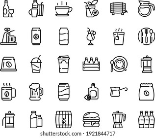 Food line icon set - hot cup, tea, lemoncello, coffee pot, wine, beer mug, burger, box, cocktail, french press, top view, turkish, irish, pack, capsule, milk bootle and, fork spoon knife plate, soda