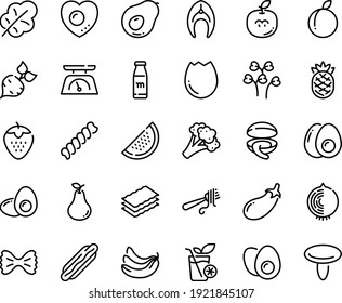 Food line icon set - hot dog, clam, fork with pasta, fish steak, kitchen scales, broaken egg, eggs yolk, love, milk bottle, smoothies, beet, broccoli, eggplant, salad leaf, banana, strawberry, plum
