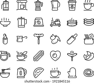 Food line icon set - Hot Bowl, sausage on fork, coffee to go, french dog, funchose, tea ceremony, calsone, pasta in pan, cup, sausages, coffe maker, press, pot, turkish, capsule, roasted, love egg