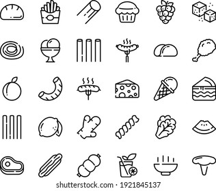 Food line icon set - Hot Bowl, meat, watermelon piece, dog, french fries, fried chiken leg, cheese, ice cream, sausage on fork, refined sugar, smoothies, bread, muffin, tacos, cake, arugula, plum