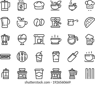 Food line icon set - hot cup, coffee to go, cafe, green tea, sandwich, shop, french dog, chef hat, calsone, pot, bread, ice cream, cocktail, coffe maker, press, turkish, machine, beans, paper, beer