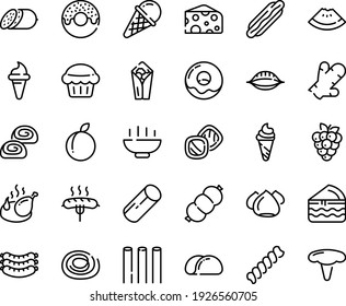 Food line icon set - Hot Bowl, watermelon piece, dog, burito, donut, ice cream horn, cheese, salami, sausages, fried chicken, meringue, bakery, sausage, on fork, muffin, tacos bread, cake, cookies