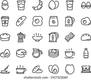 Juego de iconos de la línea de alimentos - Tazón caliente, taza, café para ir, pan, botella de leche, cruasán, queso, tortitas, cuchillo de mantequilla, olla, embutido, tortilla, hervidor de agua, huevo, brocado, puesto, huevos yolet, tortilla