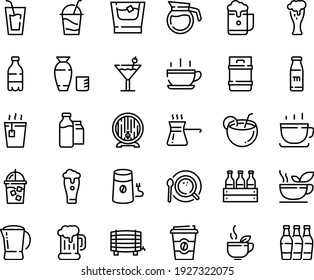 Food line icon set - hot cup, milk bottle, drink, tea, coffee to go, green, rice vodka, beer mug, barrel, glass, cocktail, iced, mill, top view, bootle and pack, pot, turkish, coconut, whiskey, box