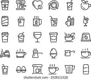 Juego de iconos de la línea de alimentos - taza caliente, café para ir, té verde, bebida, ceremonia, vaso de vino, cóctel, cafetera, vista superior, turco, irlandés, amor, máquina, cápsula, vaso de agua, puesto de huevos, bebidas, refrescos, papel