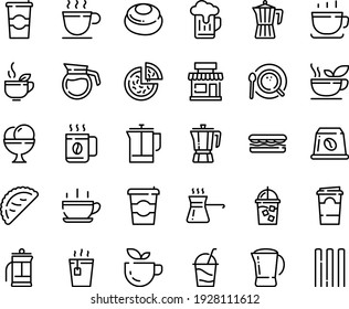 Food line icon set - hot cup, coffee to go, cafe, green tea, sandwich, pizza, calsone, pot, ice cream, cocktail, iced, french press, top view, capsule, turkish, paper, cheesecake, beer, spaghetti